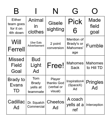 SuperBowl Bingo Card