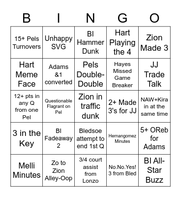 Pels V Griz Bingo Card