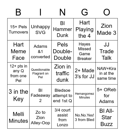 Pels V Griz Bingo Card