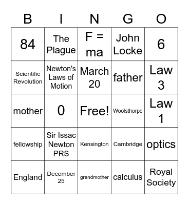 Issac Newton BINGO Card