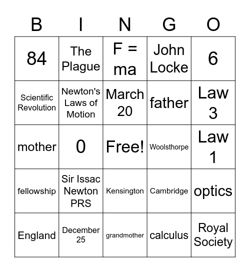 Issac Newton BINGO Card