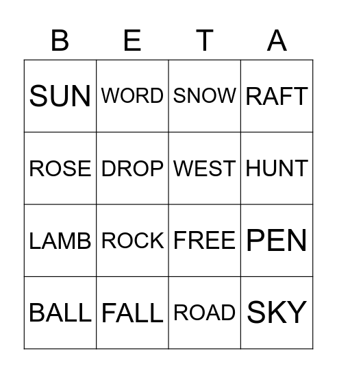 Beta Board 1 Bingo Card