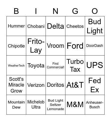 Super Bowl Sunday Bingo Card