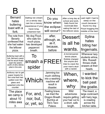 Grammar Review Bingo Card