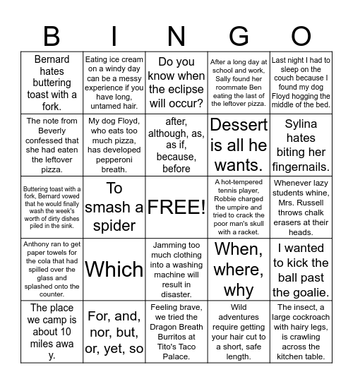 Grammar Review Bingo Card