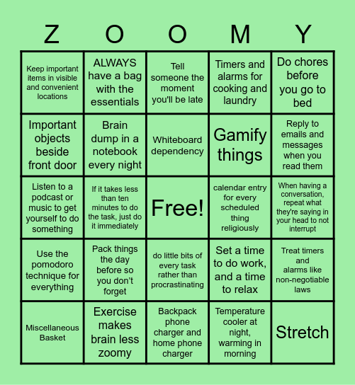 Executive Functio'nt Bingo Card