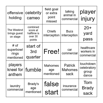 Superbowl LV BINGO Card