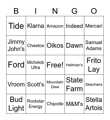 Super Bowl 2021 Commercial Bingo Card