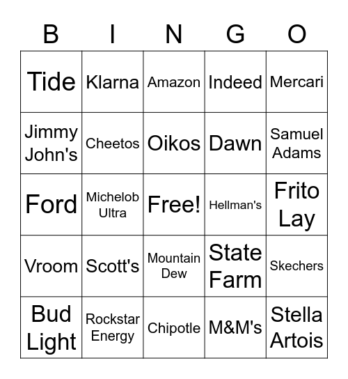 Super Bowl 2021 Commercial Bingo Card