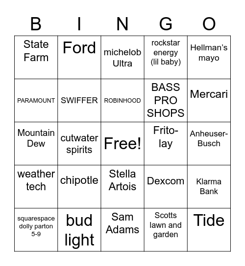 Super Bowl 2021 Bingo Card