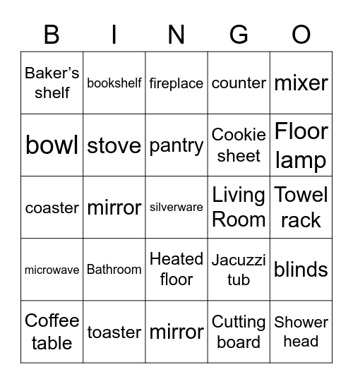 Living Room, Kitchen, Bathroom Bingo Card