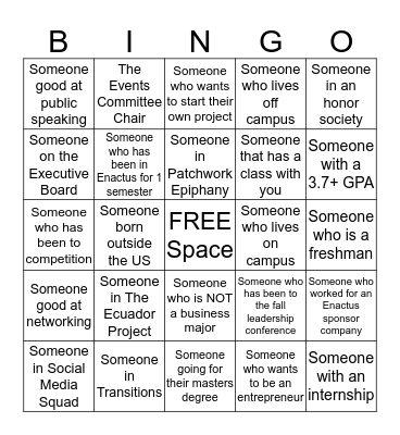 Enactus Team Bingo Card