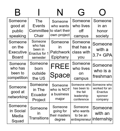 Enactus Team Bingo Card