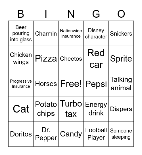 Superbowl Commercial Bingo Card