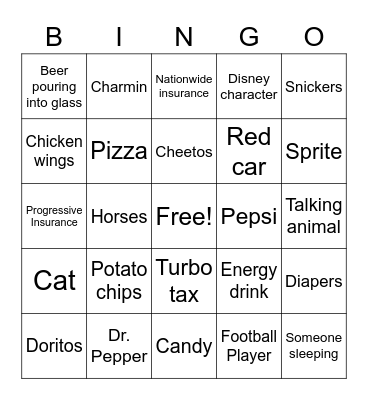 Superbowl Commercial Bingo Card