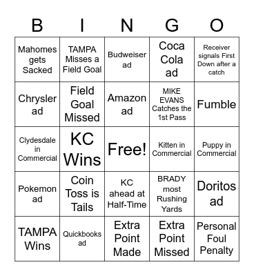 Super Bowl Bingo Card
