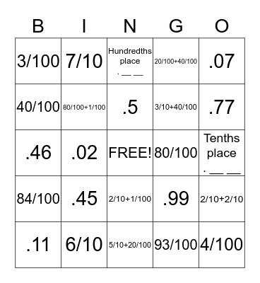 Fraction & Decimal BINGO Card
