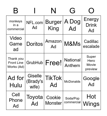 Super Bowl 2021 Bingo Card