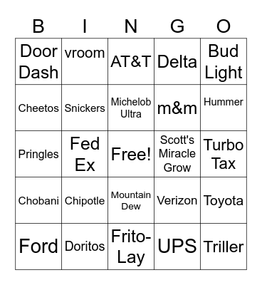 SuperBowl Commercial Bingo Card