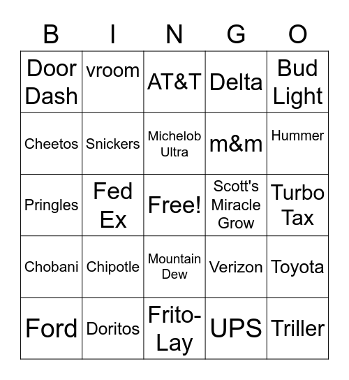 SuperBowl Commercial Bingo Card