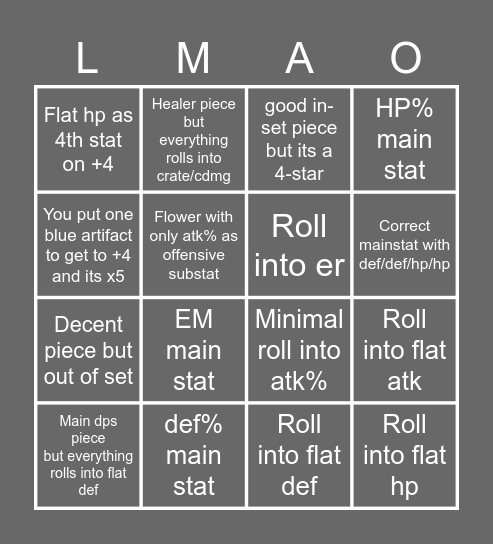 Artifacts bingo Card