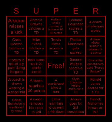 Super Bowl Bingo Card