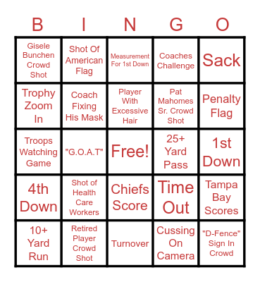 Super Bowl 2021 Bingo Card