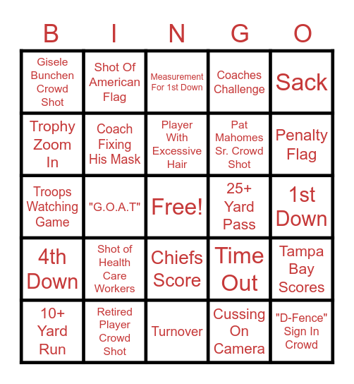 Super Bowl 2021 Bingo Card