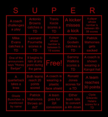 Super Bowl Bingo Card