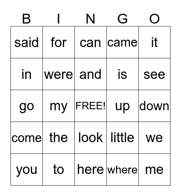 Sight Words #1 Bingo Card