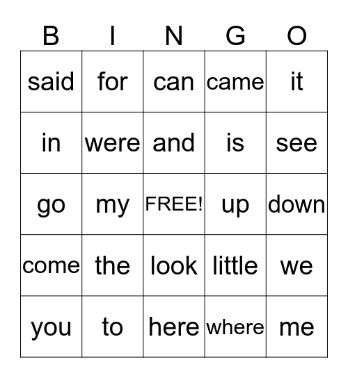 Sight Words #1 Bingo Card