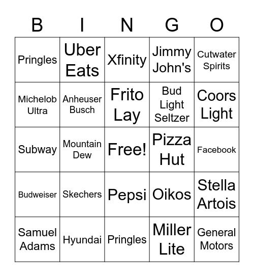 SUPER BOWL 55 COMMERCIAL BINGO Card