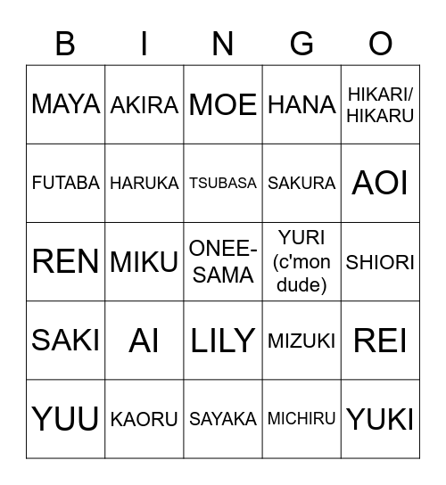 Yuri Character Names Bingo Card