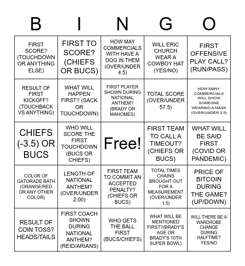 SUPER BOWL LV Bingo Card