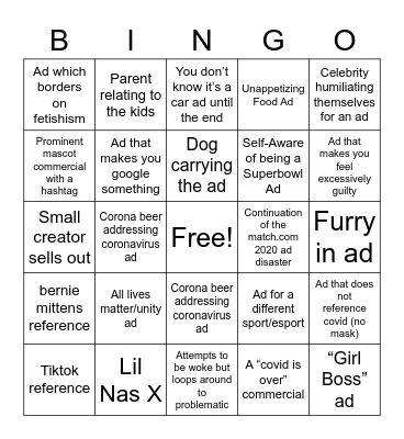 Superbowl 2021 Bingo Card