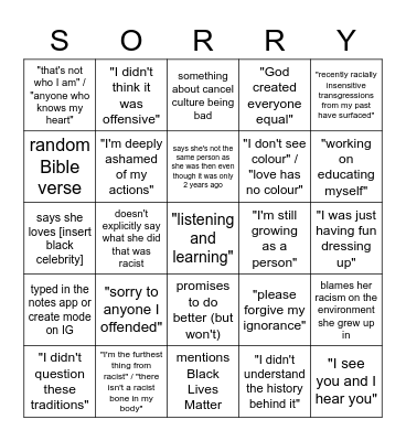 Racism Apology Bingo Card