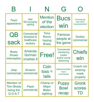 Super Bowl Bingo! Bingo Card