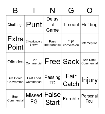 Super Bowl Bingo Card