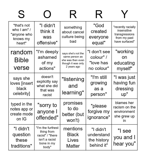 Racism Apology Bingo Card
