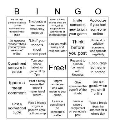 Internet Kindness Bingo Card