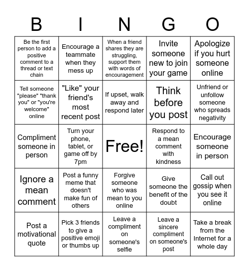 Internet Kindness Bingo Card