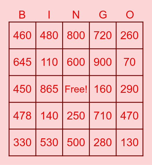 Adding/Subtracting Hundreds and Tens Bingo Card