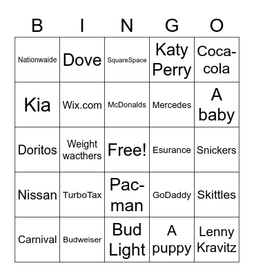 Super Bowl Commercials Bingo Card