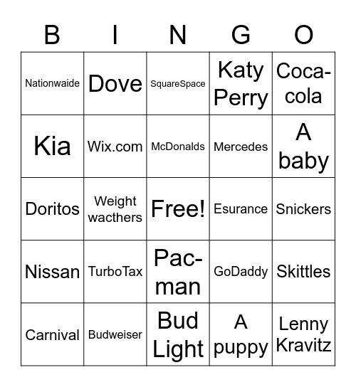 Super Bowl Commercials Bingo Card