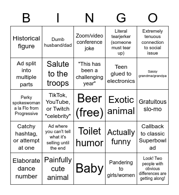 Superbowl Spot BINGO Card