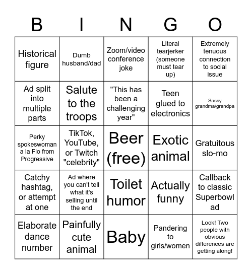 Superbowl Spot BINGO Card