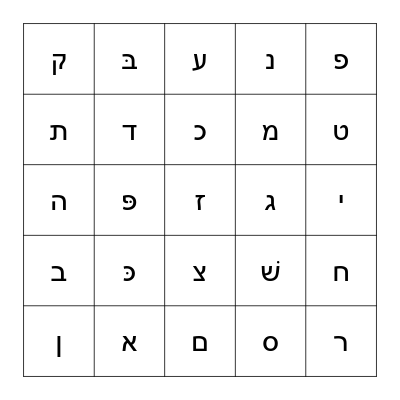 Hebrew letters Bingo Card