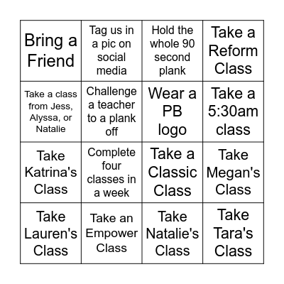 Pure Barre Bingo Card