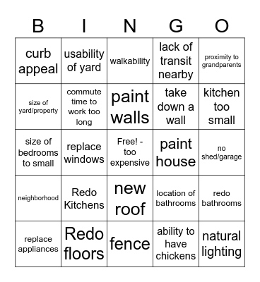 House Hunting Bingo Card