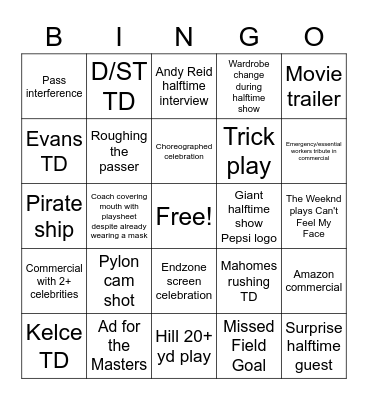 Super Bowl Bingo Card